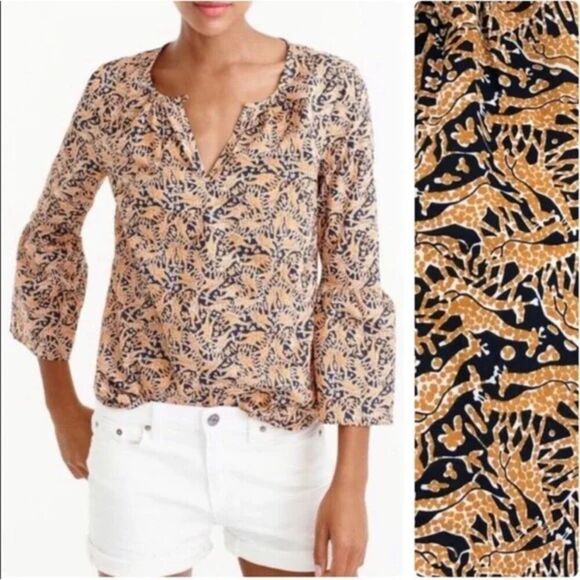 J. CREW x Drake's London Top Womens 0 Giraffe Print Bell‎ Sleeve Keyhole Neck - Picture 1 of 12